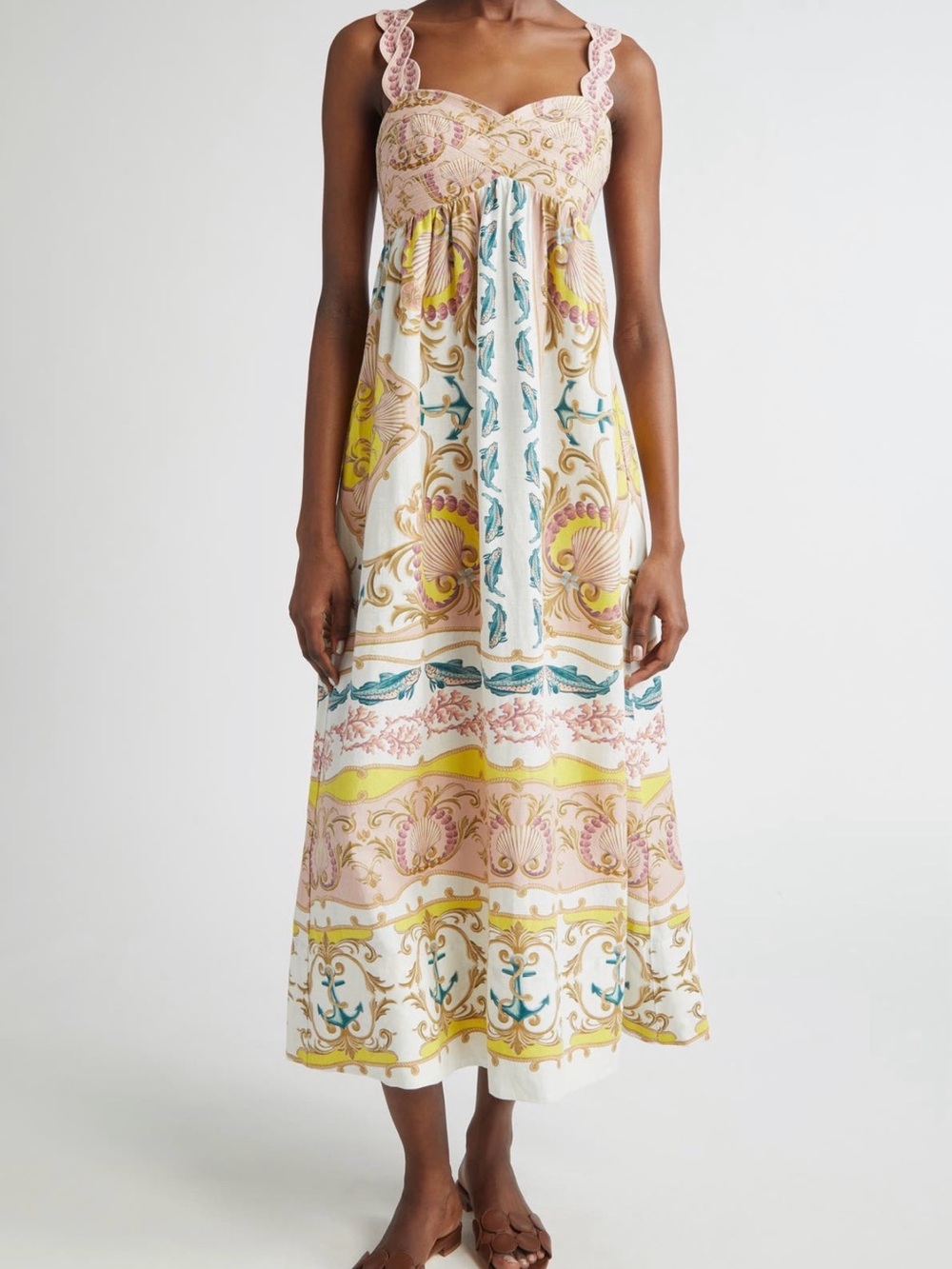 FARM Rio Cream Maxi Dress with Pink Lace-Strap and Yellow Teal Print
